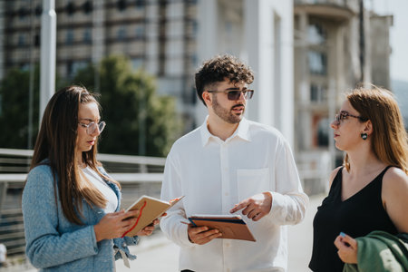 Business team discussing project outdoors in urban settingの写真素材