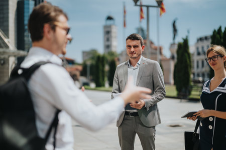 Business professionals engaging in an outdoor meeting, discussing strategies with a cityscape in the background on a sunny dayの写真素材