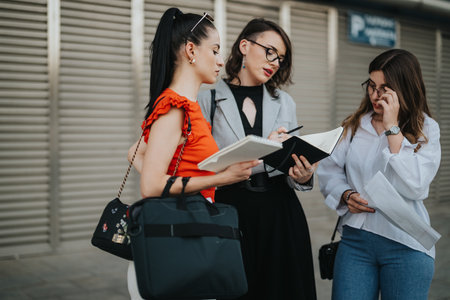 Three businesswomen discussing documents outdoors in a professional settingの写真素材