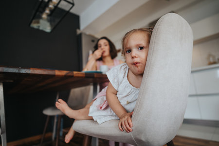 Toddler sitting on a chair while a woman enjoys a meal in a modern kitchenの写真素材