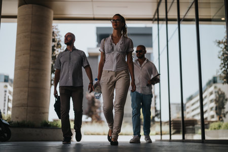Businesspeople walking in urban downtown area after an outdoor meeting