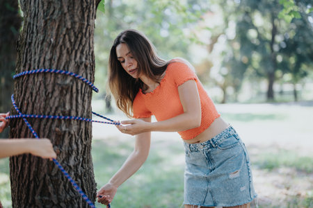 Young woman setting up a hammock with friends in a park on a sunny dayの写真素材