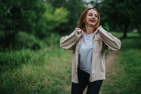 Joyful woman enjoying a peaceful walk in a lush green park