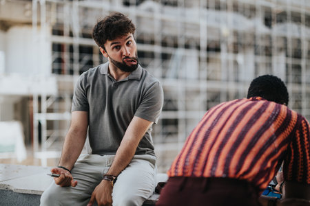 Business people collaborating and making funny faces in urban city settingの写真素材