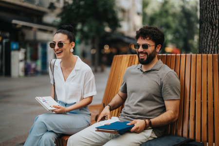 Smiling businesspeople sitting and talking on a bench outsideの写真素材