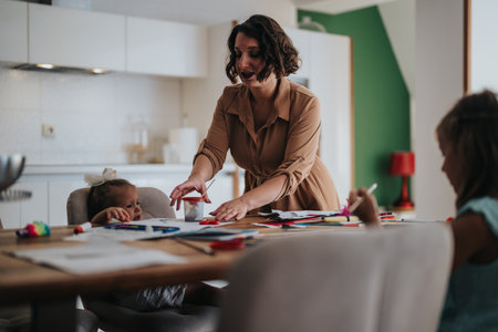 Mother and daughters engaged in creative art activities at homeの写真素材