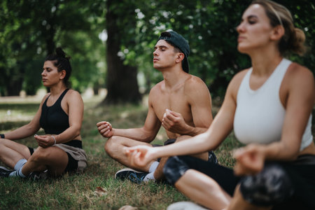 Group meditation session in a park with three people practicing mindfulness and relaxationの写真素材