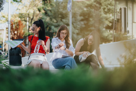 Group of businesswomen collaborating outdoors in casual settingの写真素材