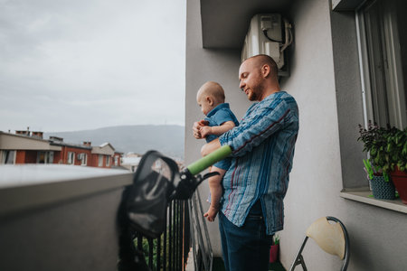 Father and baby enjoying a peaceful moment on the balconyの写真素材
