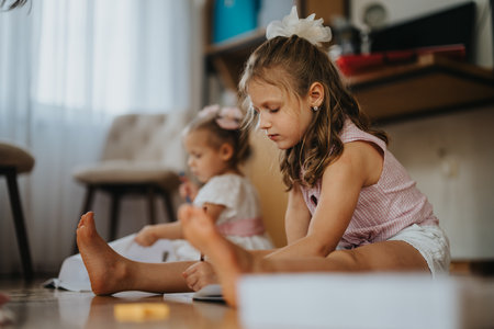 Sisters engaged in indoor activities together, bonding and creating at homeの写真素材