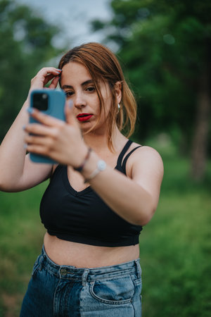 Young woman taking selfie with smart phone in a green park settingの写真素材