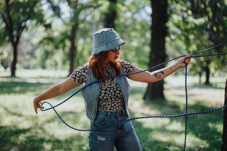 Young woman setting up a hammock in a park on a sunny day