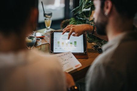 Businesspeople analyzing data on tablet during meeting at coffee barの写真素材