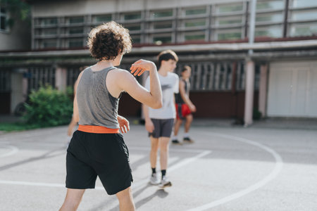 Friends enjoying a game of basketball on a neighborhood court with a sense of community and fun in the airの写真素材