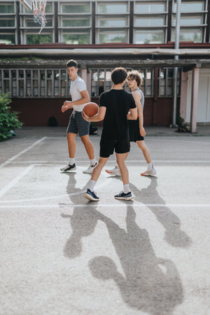 Friends enjoying a lively basketball game at a neighborhood court, capturing the essence of teamwork and friendship on a sunny day in their local communityの写真素材
