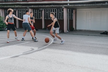 Friends enjoying a competitive game of basketball on an old neighborhood court, highlighting teamwork, friendship, and the love of outdoor sports on a sunny day.の写真素材