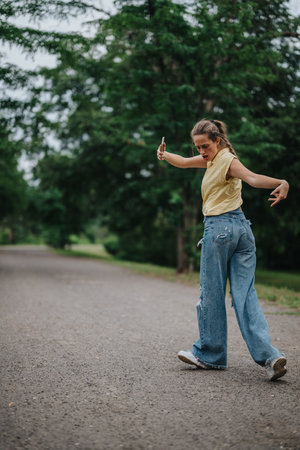 Girl having fun alone in the park, dancing and enjoying a walk on a summer dayの写真素材