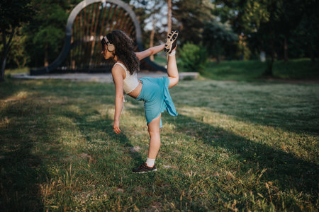 Young woman warming up for dance practice in a sunny parkの写真素材