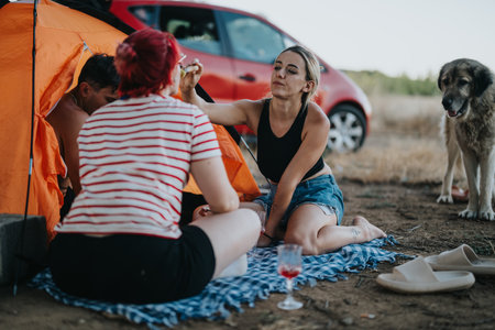 Friends enjoying a picnic and barbeque in nature with a dog near a camping tentの写真素材