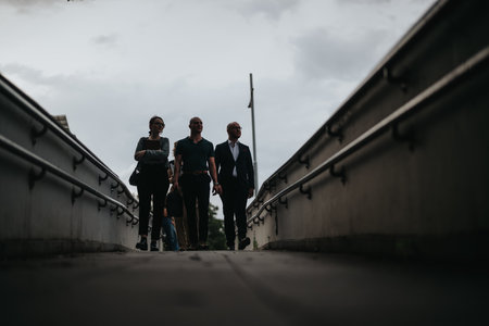 Young business entrepreneurs walking outdoors during an early evening meetingの写真素材
