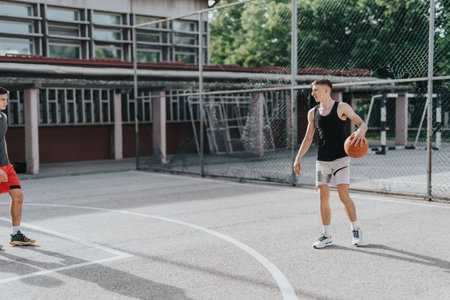 Friends playing basketball at an old neighborhood court, enjoying a sunny day and sharing great moments together while practicing their skills and having fun in a casual outdoor setting.の写真素材