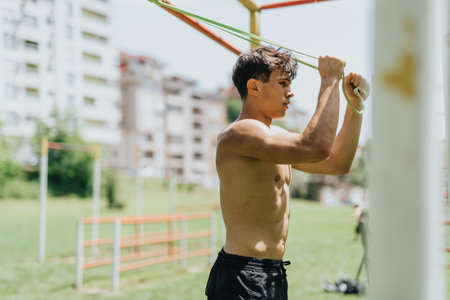 Fit male athlete working out in park with resistance bands outdoors showcasing strength and...