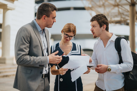 Business team discussing project details with documents outdoors in an urban environment. Collaboration and communication among colleagues in a professional meeting.の写真素材