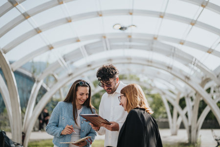 Business associates discussing marketing strategy and analyzing statistics during an outdoor meeting in urban city downtownの写真素材