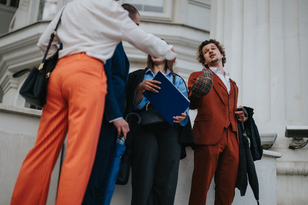 Group of business professionals having a discussion outside office building