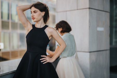 Stylish woman and businesswoman in an outdoor city setting. Multicultural people meeting outdoors, discussing.の写真素材