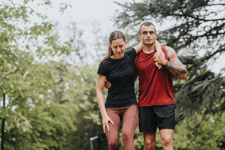 Caring man assists his injured girlfriend during a run in a lush parkの写真素材