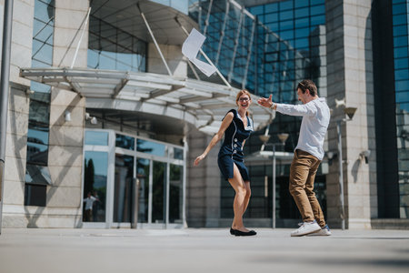Joyful business colleagues celebrate success with a lively dance outdoors at modern office building...