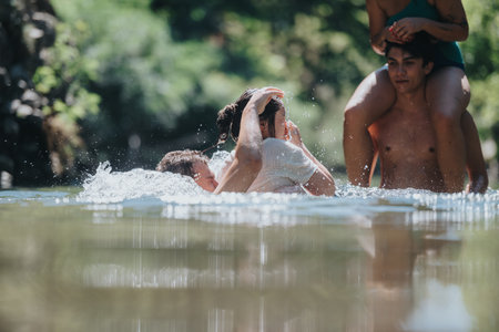 Friends enjoying playtime in a refreshing outdoor water setting