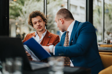Two businessmen discussing a project while seated at a cafeの写真素材