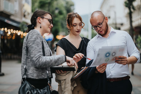 Business professionals discussing charts and planning strategy on a city street