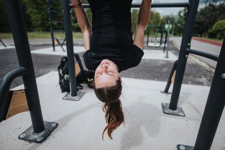 Young woman enjoying an outdoor workout, hanging upside down from exercise bars