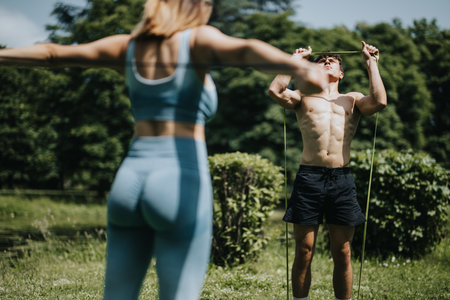 Fit couple exercising with resistance bands outdoors in a park