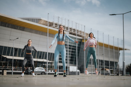 Active women jumping rope in front of a modern stadium on a cloudy dayの写真素材