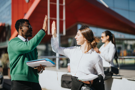 Multicultural business team strategizing outdoors with documentsの写真素材