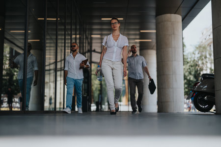 Businesspeople in an outdoor meeting in an urban downtown area walking confidentlyの写真素材