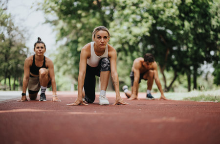 Group of young athletes in starting blocks preparing for a race on outdoor running trackの写真素材