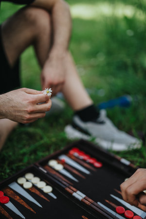 Outdoor backgammon game with friends on a sunny dayの写真素材