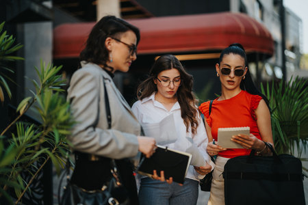 Three businesswomen collaborating outdoors on projects and discussing documentsの写真素材