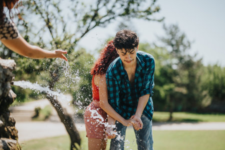 Group of friends splashing water at the fountain on a beautiful sunny day in the parkの写真素材