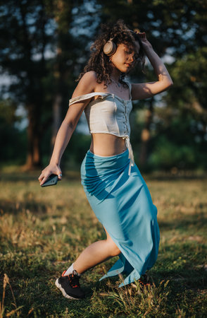 Young woman enjoying dance in a sunny park settingの写真素材