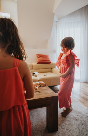 Two young girls playing indoors in a sunny living roomの写真素材
