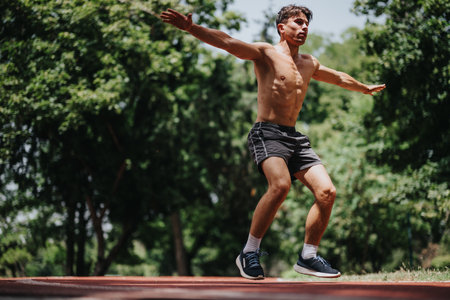 Young athletic man training outdoors in the park on a sunny dayの写真素材
