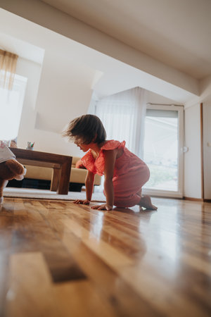 Joyful child playing on the floor in a sunlit roomの写真素材