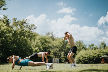Group of young adults doing outdoor exercises in a sunny park