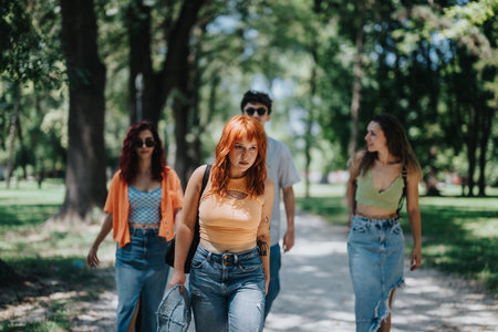 Young adults enjoying a sunny day in the park, walking together and smilingの写真素材